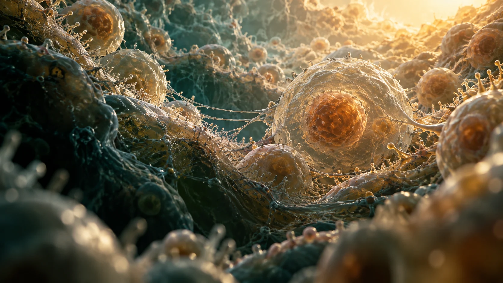 An artistic microscopic landscape of translucent human cells