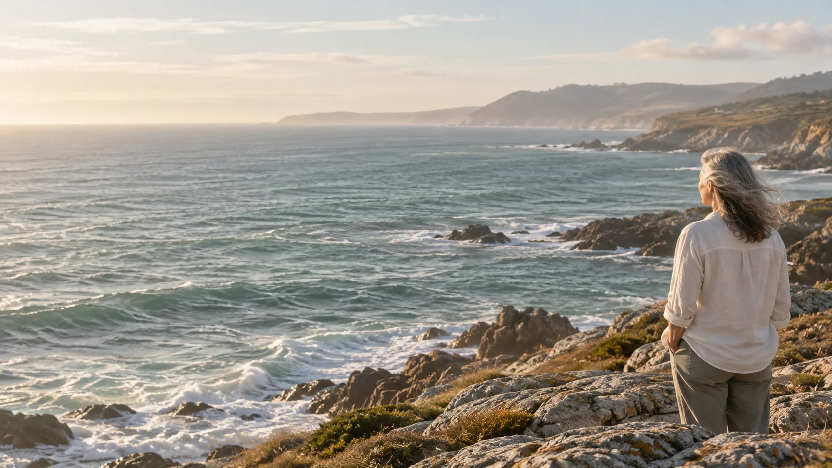 A silver-haired woman looking across a sunlit coastline